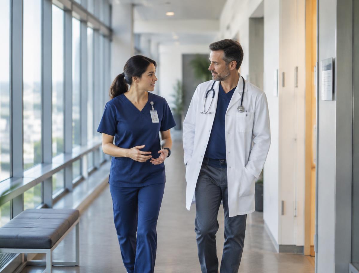 Two healthcare professionals talking in a clinic hallway