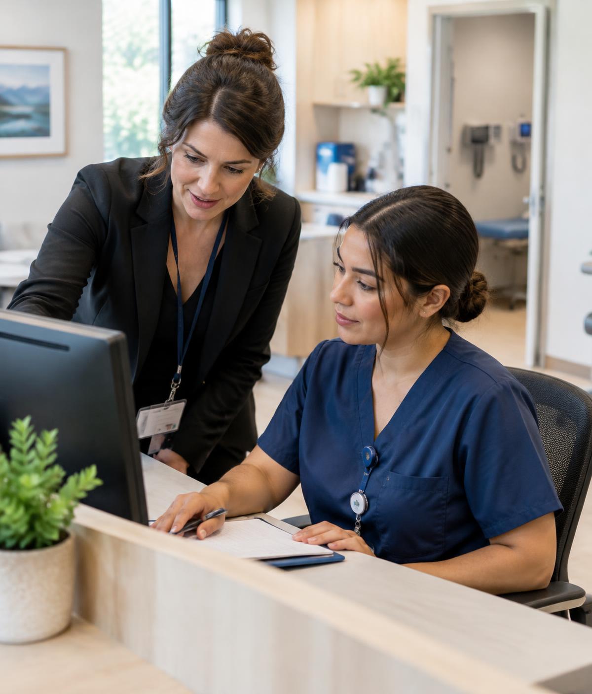 Illustrative photo: clinic manager reviewing a schedule with a staff member