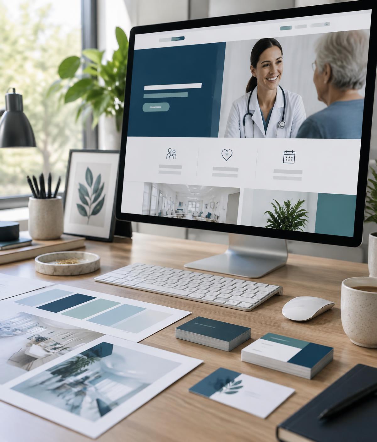 Illustrative photo: healthcare website design and clinic brand materials on a desk