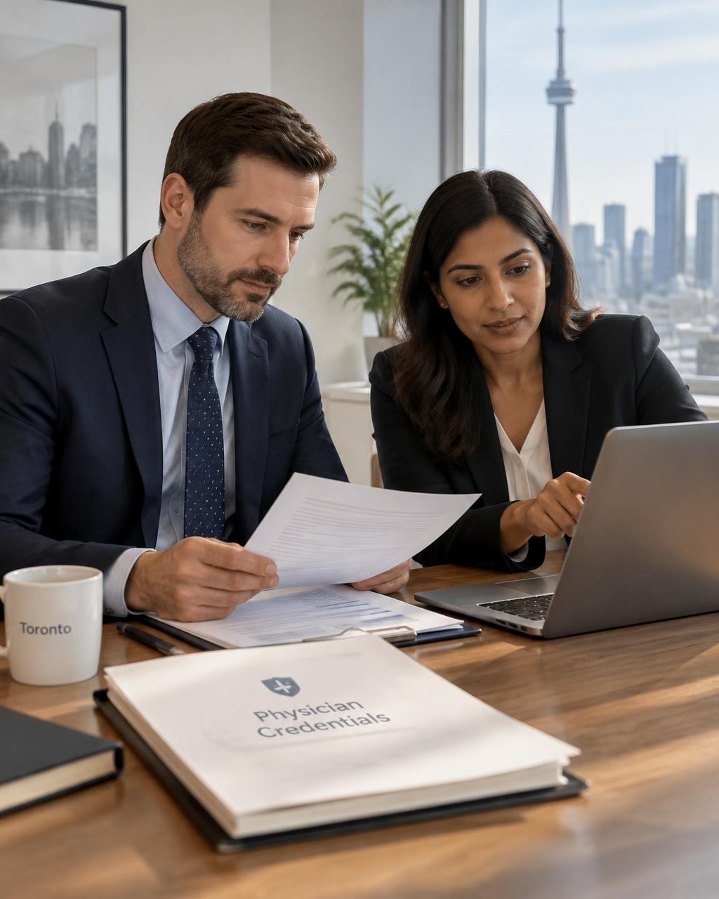 Illustrative photo: recruitment coordinators reviewing physician credential documents